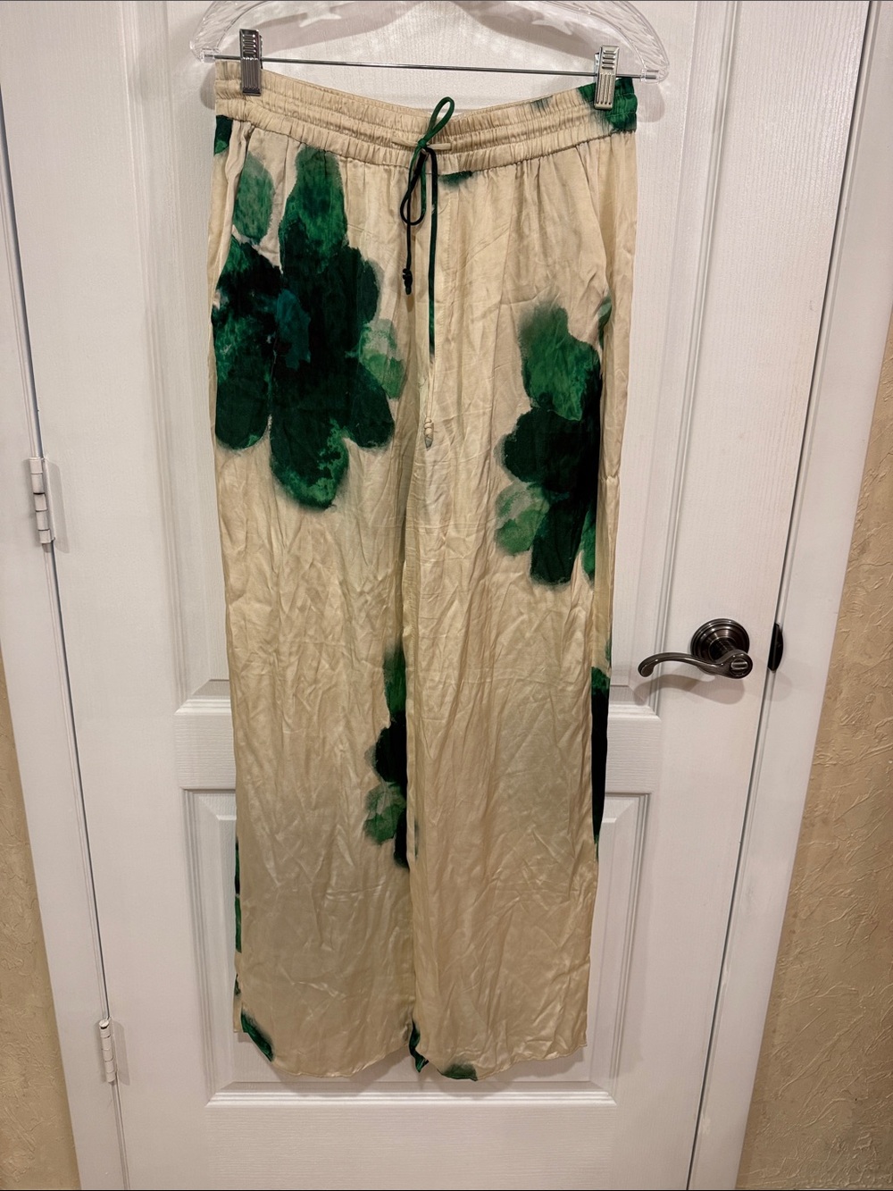 Women's Beige Wide-Leg Pants with Green Floral Print